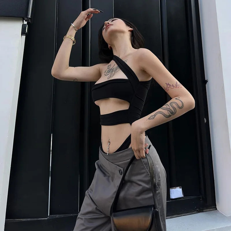 Solid Black Bodysuit Lingerie Sexy Tops For Women Club Outfit Inclined Collar Body Feminino One-pieces Hollow Out Y2k Clothes