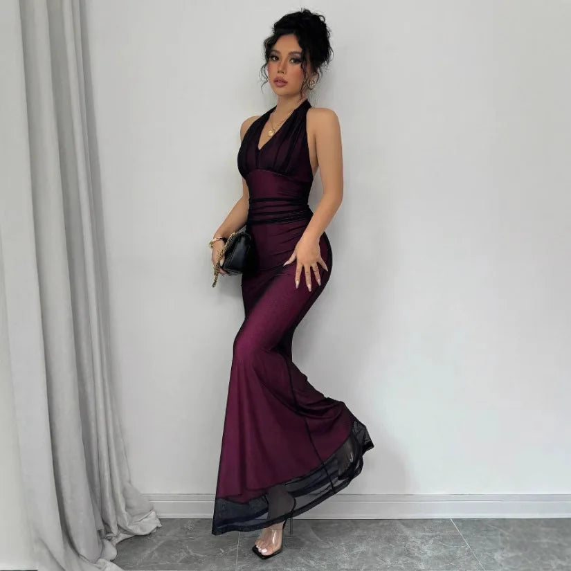 Summer Backless Sexy Maxi Dress Women Gown Patchwork Lace Halter Deep V Neck Sleeveless High Waist Elegant Long Dresses Vestido