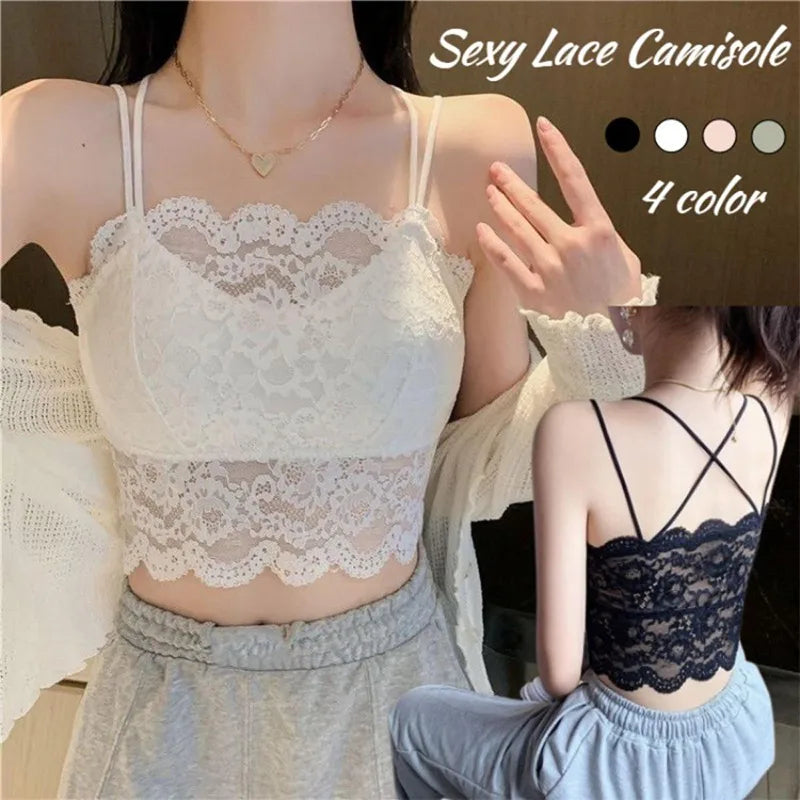 Ladies' Summer Sexy Backless Lace Camisole Underwear Underwire Bra Without Steel Rings Shoulder Straps For Support Breathable