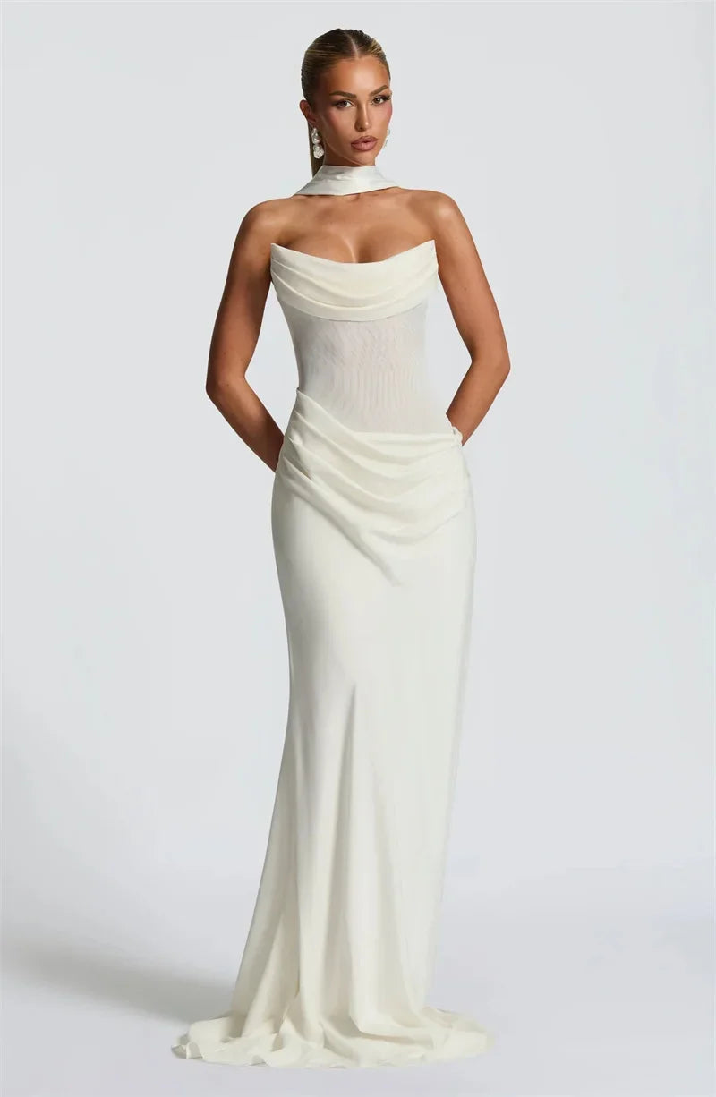 Off-shoulder Backless Sexy Maxi Dress Women Gown Elegant Scarf Collar Strapless Sleeveless Bodycon Club Party Dresses