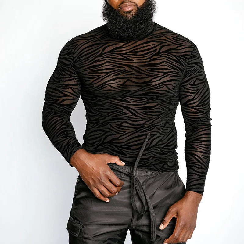 Men's T Shirt Perspective Turtleneck Long-sleeved Lace Tight Fitting T-shirt for Men Streetwear Bottoming Shirt Inside Male Tops
