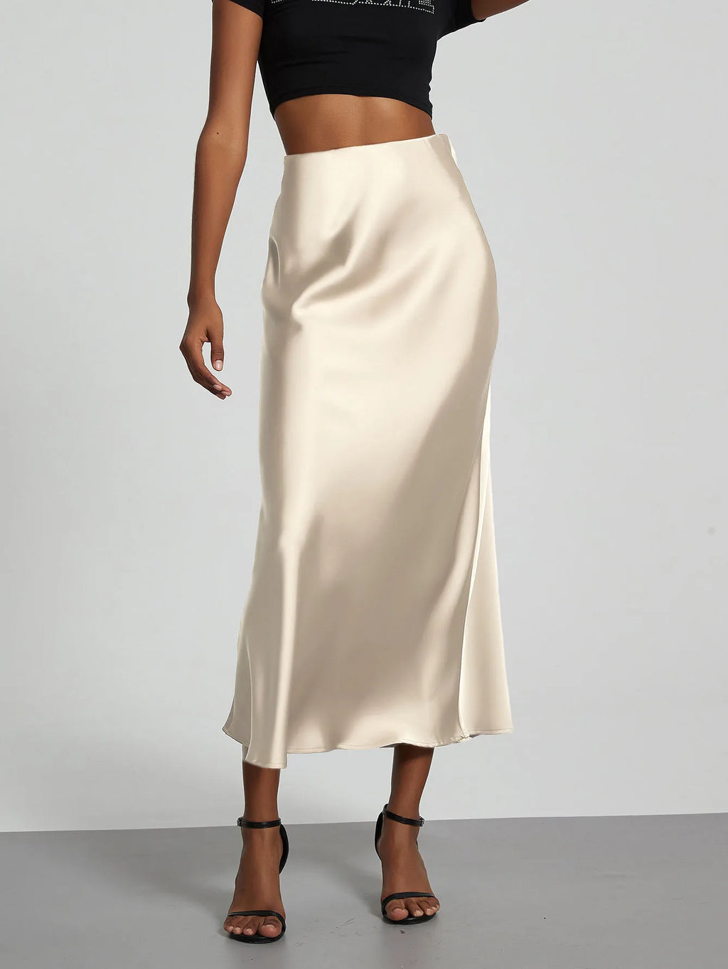 Minimalist Satin Midi Skirt  High Waist Bias Cut Flowy Hem Top for Office & Casual Streetwear