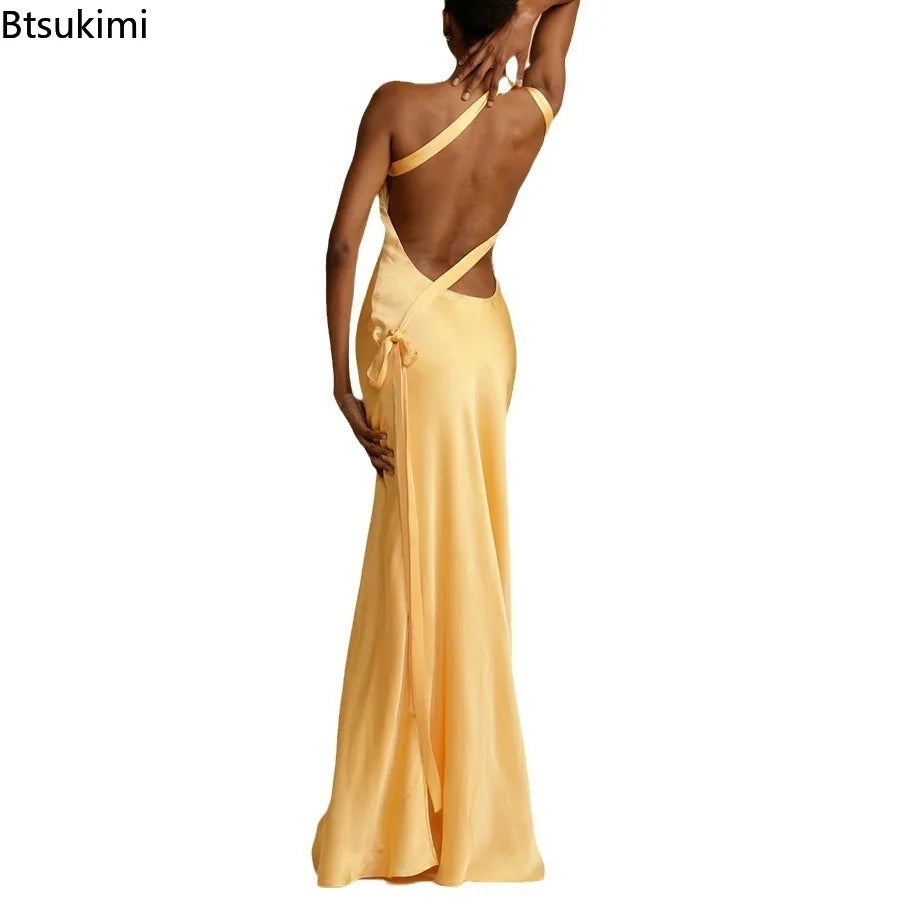 2026 Sexy Backless Maxi Dress Women's Solid Sleeveless Skew Collar Off-shoulder Elegant Party Evening Dresses for Ladies Vestido
