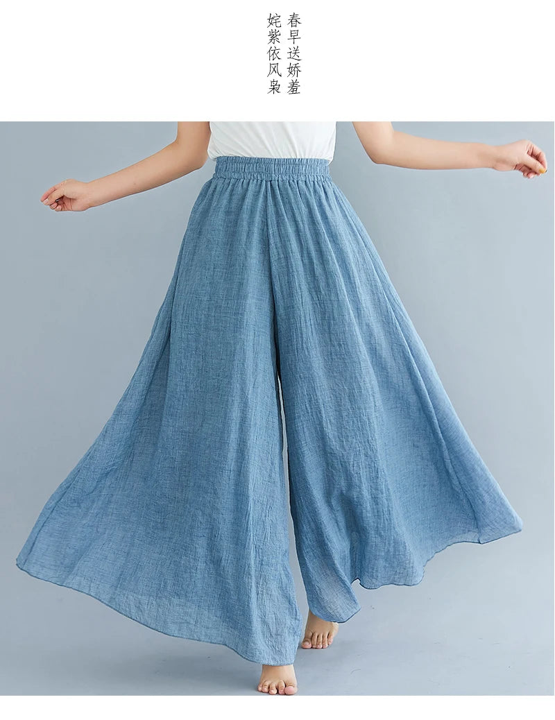 Cotton Linen Wide Leg Pants for Women Summer Casual Loose Pants High Waist Big Swing Skirt Capris Women Clothing PT-565