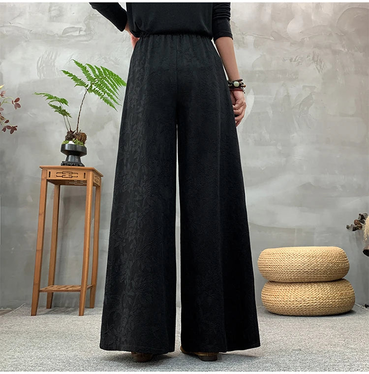 Ele Embroidered Cotton Linen Wide Leg Pants Women's Casual High Waist Trousers Spring Autumn New Sle Comfortable Loose Fit