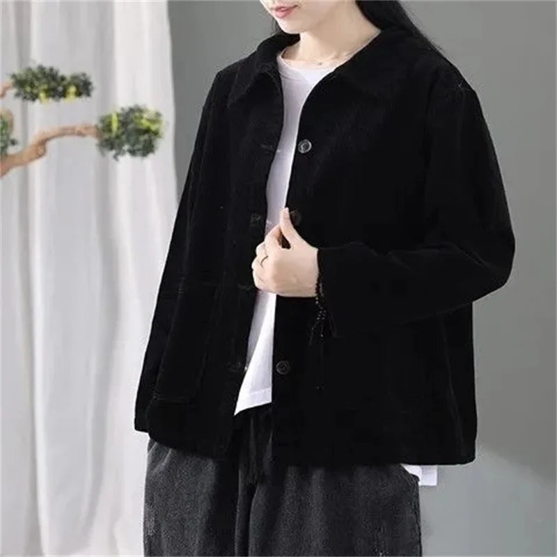 Corduroy Jacket Women's Shirt Spring Autumn New style Retro Long sleeved Loose Korean version High-end Lady Short Windbreaker