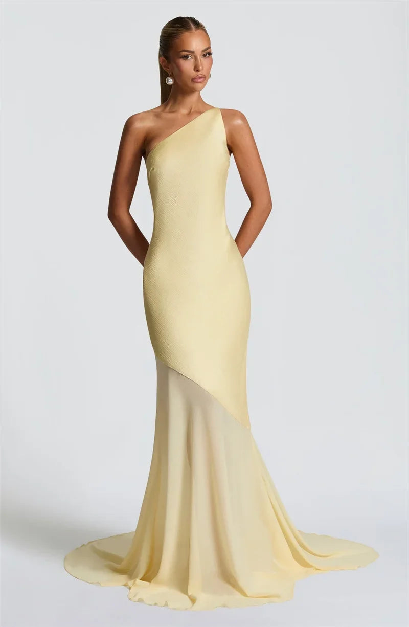 One Shoulder Backless Sexy Maxi Dress Women Gown Fashion Patchwork Sleeveless Bodycon Club Party Long Dress Elegant