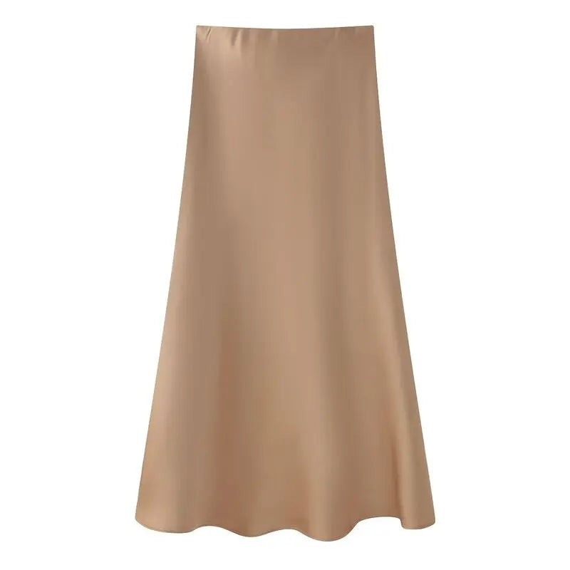Silk Satin High Waist Slimming Casual Midi Skirt Pure Color Spring 2025 Women's Faion f-length A-line Skirt