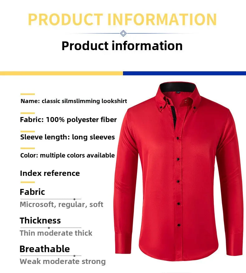 Solid color shirt men's crystal button long sleeved pointed collar light luxury men's business casual men's wear