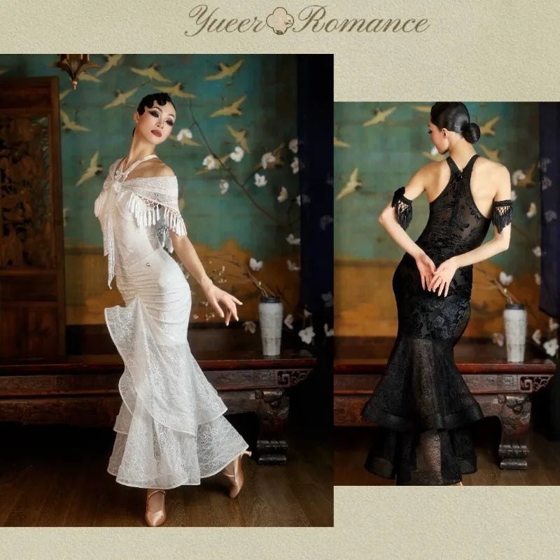 customized double layered curved neck and strapless professional modern Latin dance outfit jumpsuit set bodysuit long skirt