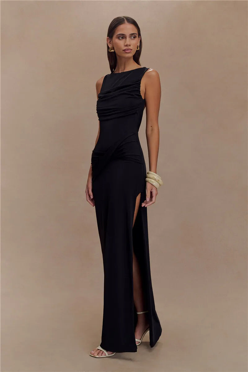 Backless Ruched Sexy Maxi Dress Women Summer O Neck High Split Bodycon Elegant Long Dress Fashion Gown Sleeveless Dresses 2025