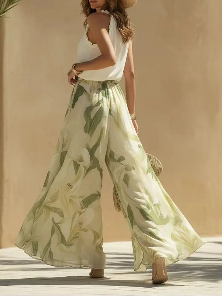 Ruffle Fashion Printed Trousers 2-piece Set Spring Summer New Women's Sexy V-neck Halterneck Waist Trousers Set Костюм Женский