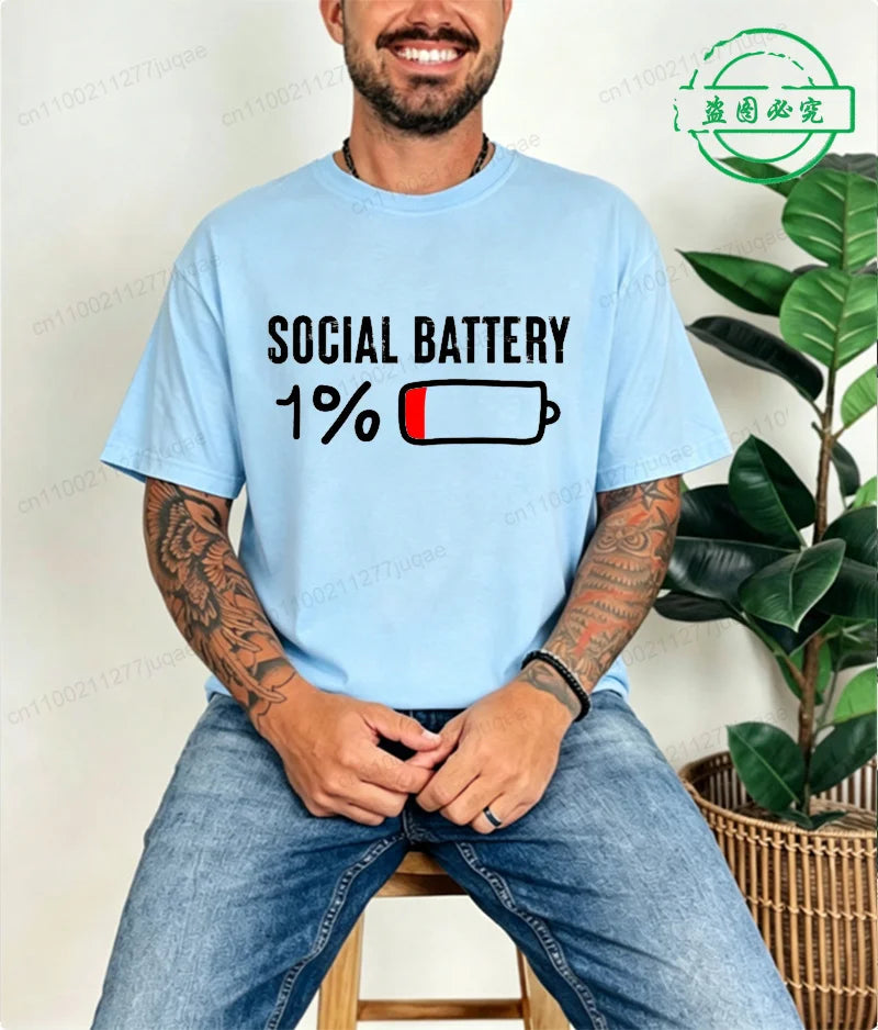 T-shirt for Men Social Battery 1 Percent Funny Introvert T Shirt Men Tops Casual Clothing Oversize Vintage Clothes Trend Tshirt