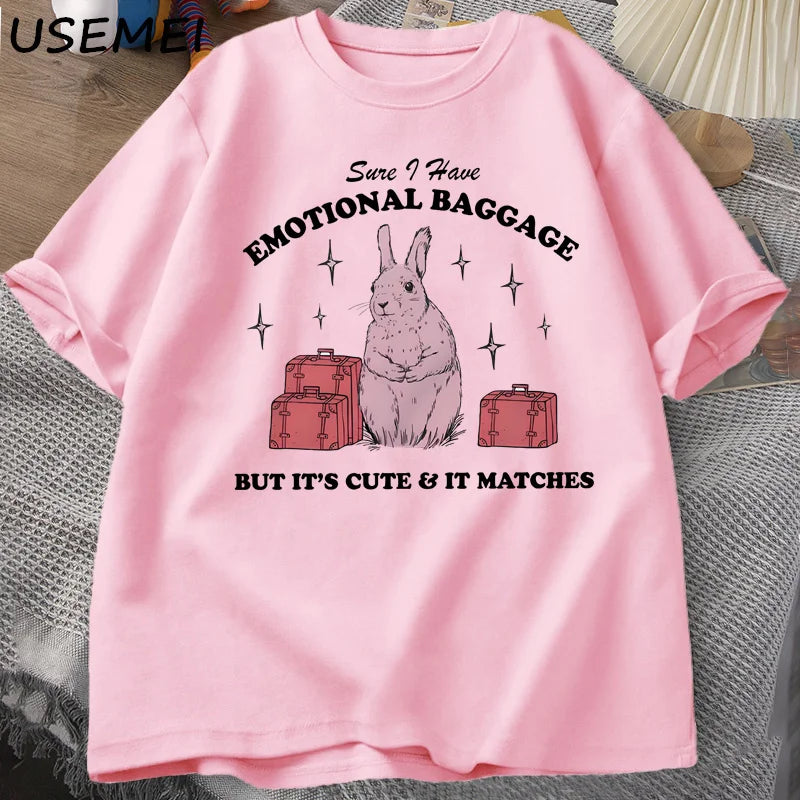 Sure I Have Emotional Baggage Funny Mental Health T Shirts Women Men Vintage Rabbit Tee Shirt Summer Short Sleeve Graphic Tees