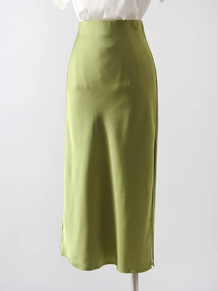 Midi Satin Skirts Women Luxury Summer Black Formal Silk Office Skirt With Slit A Line Green Midi Skirt Burgundy Women Elegant