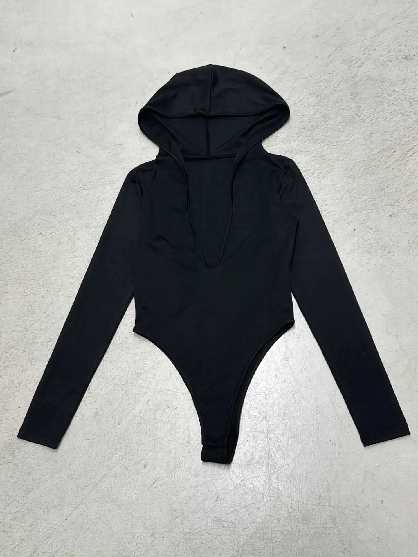 Hooded Bodysuit V-neck Body Feminino Long Sleeve Lingerie Sexy Tops Women Y2k Clothes Solid Black One-pieces Bustier Rave Outfit