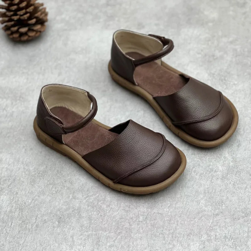 Soft Leather Women's Flat Shoes Retro Handmade Comfortable  2025 Summer Genuine Leather Fashion Black Casual Sandals Ladies