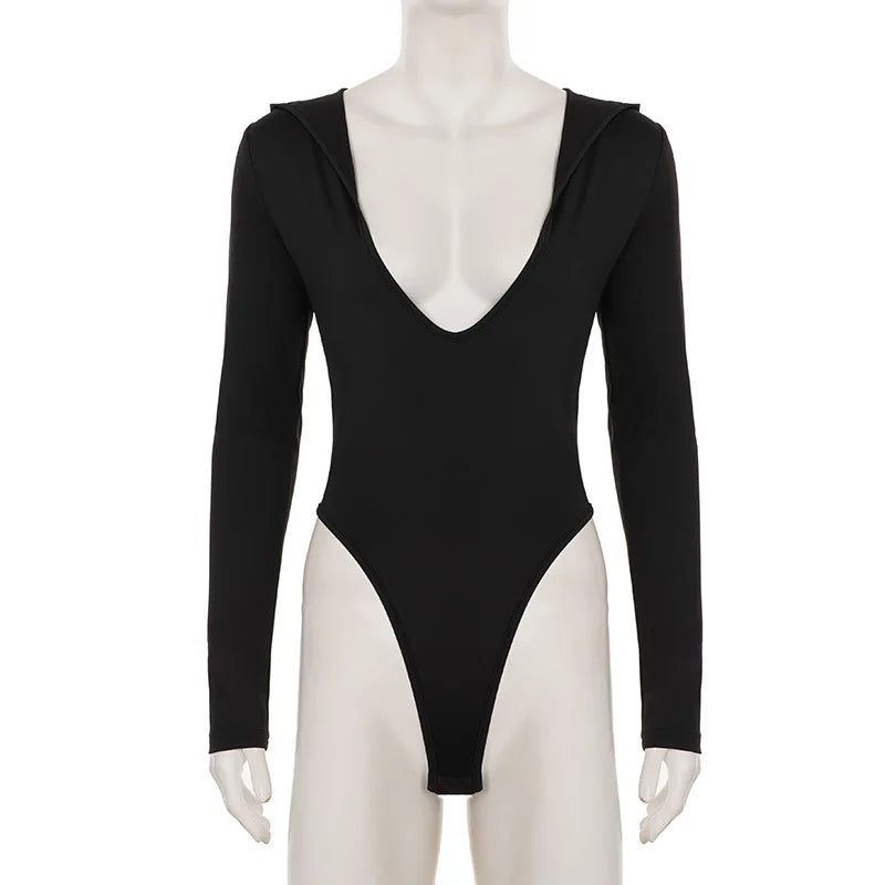 Hooded Bodysuit V-neck Body Feminino Long Sleeve Lingerie Sexy Tops Women Y2k Clothes Solid Black One-pieces Bustier Rave Outfit
