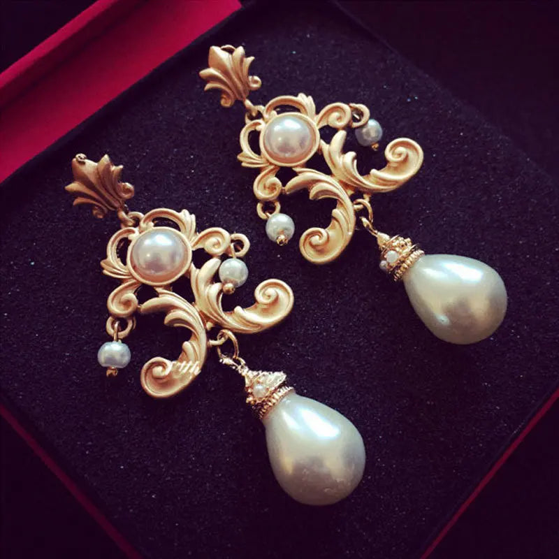 Baroque Asymmetrical Vintage Cross Pearl Pendant Earrings For Women Lady Crsytal Heart Angel Ear Rings Classic Long Earring