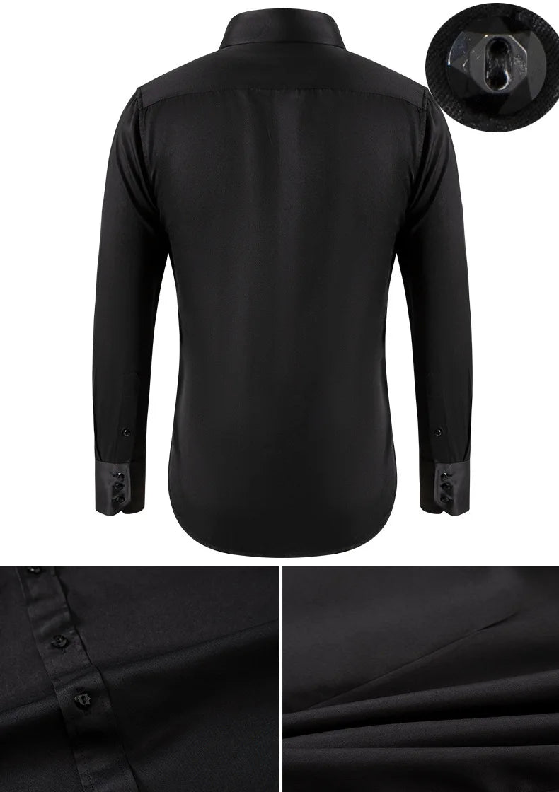 Solid color shirt men's crystal button long sleeved pointed collar light luxury men's business casual men's wear