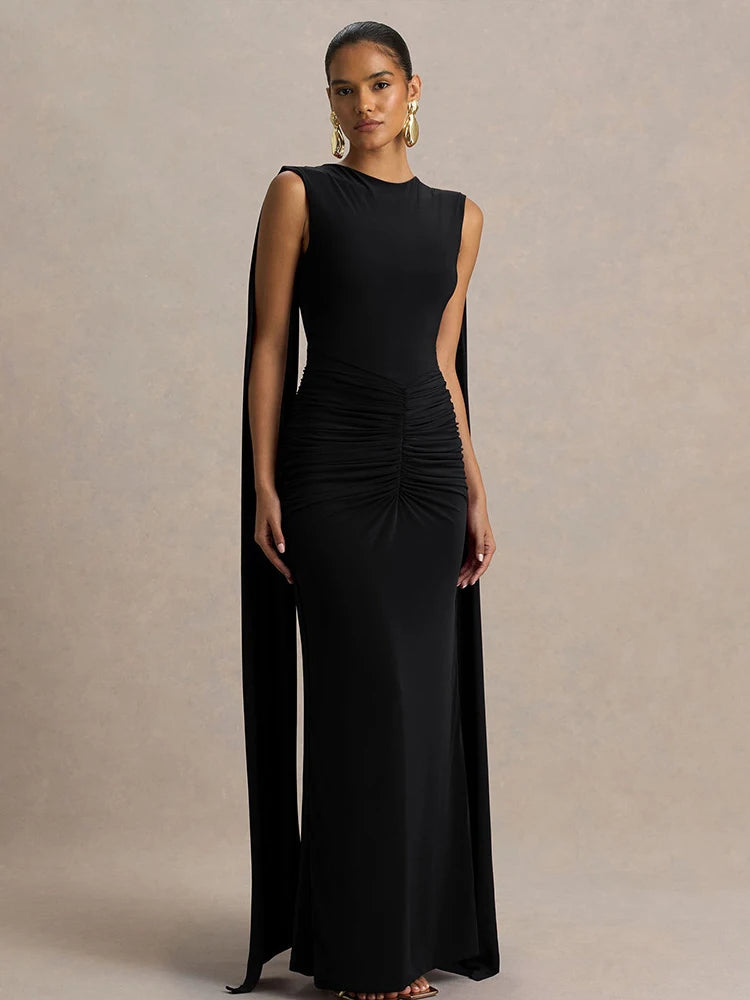 New Backless Evening Gowns Elegant Lady Bodycon Ruched Maxi Dress with Ribbon Fashion Women Sleeveless Prom Dress for Party