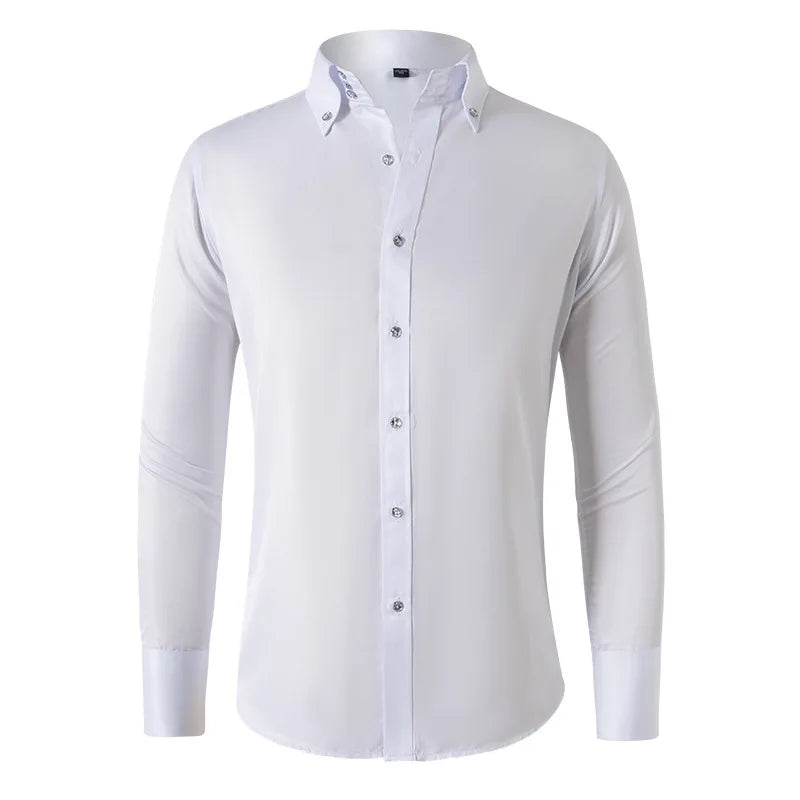 Solid color shirt men's crystal button long sleeved pointed collar light luxury men's business casual men's wear