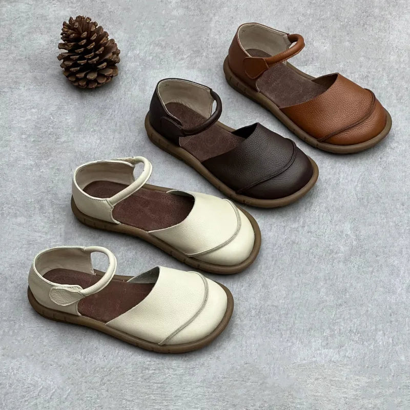 Soft Leather Women's Flat Shoes Retro Handmade Comfortable  2025 Summer Genuine Leather Fashion Black Casual Sandals Ladies