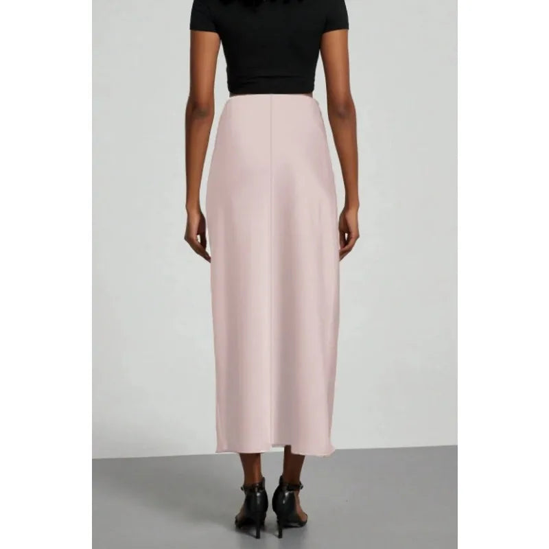 Women's Summer High Waist Silky Satin Draped Midi Mermaid Skirt Solid Flowly Bias Cut Long Slip Skirt Elegant Casual Bottoms