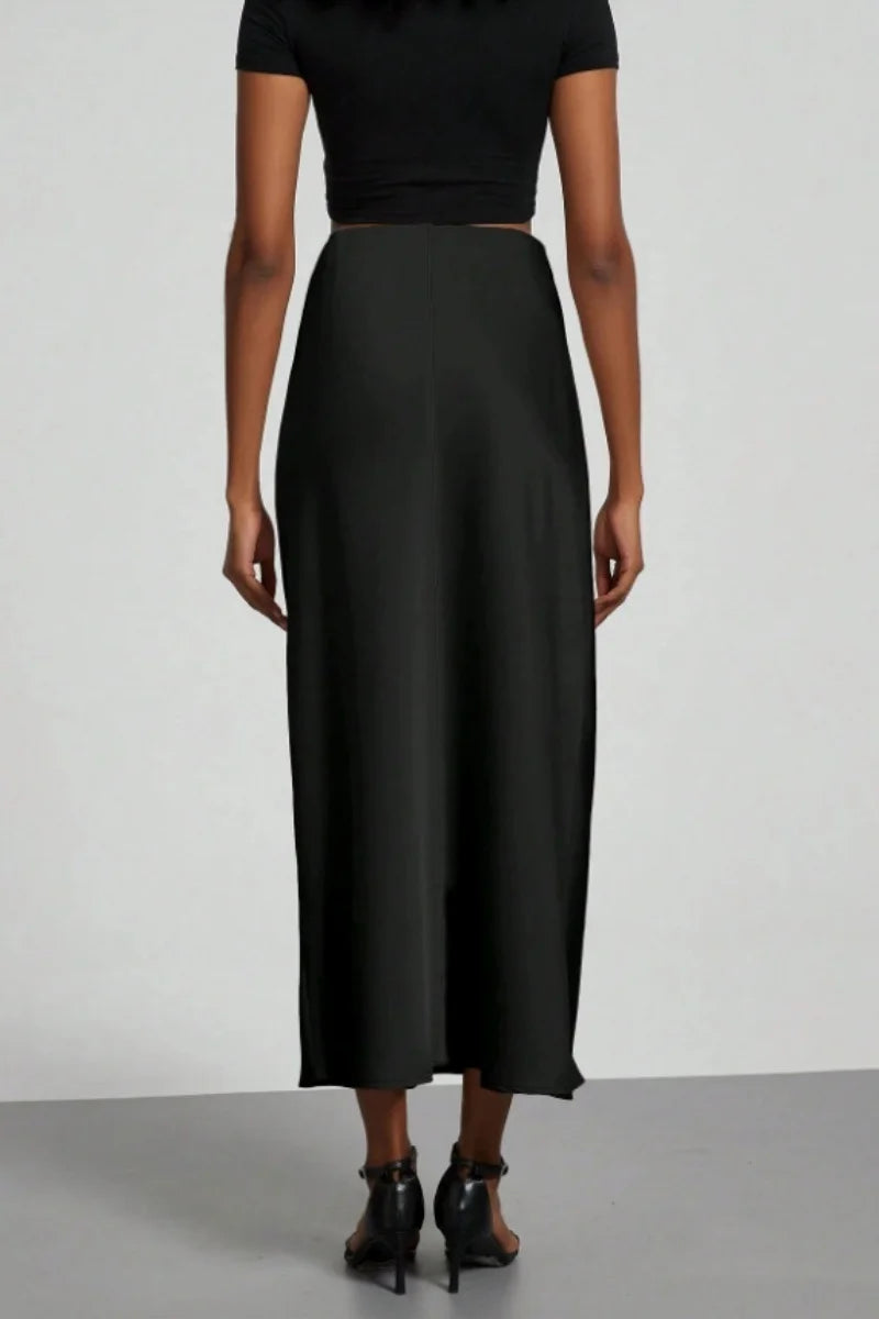 Women's Summer High Waist Silky Satin Draped Midi Mermaid Skirt Solid Flowly Bias Cut Long Slip Skirt Elegant Casual Bottoms
