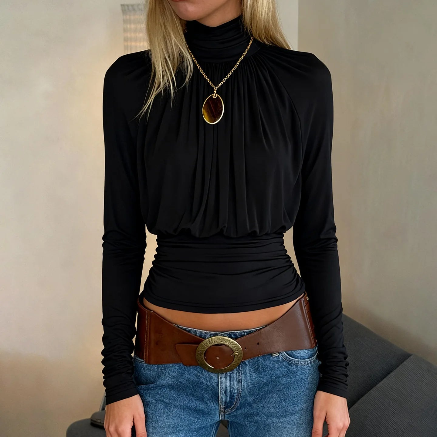 Solid Black T Shirts For Women Elegant Clothes Turtleneck Camisetas Lady Tops Long Sleeve Ropa De Mujer Shirring Feminist Shirt