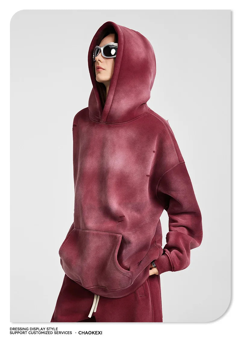 Oversized Hoodies Men Vintage Streetwear Acid Wash Ripped Hoodie Heavyweight Fleece Sweatshirt Pullover Thickened Winter Clothes