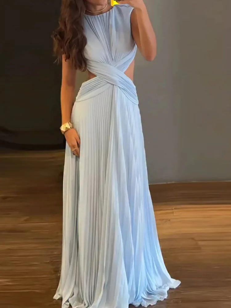 Backless Hollow Out Casual Maxi Dress, Women Summer Sleeveless Patchwork Sexy Party Dress, 2026 Solid Elegant Lady Draped Dress