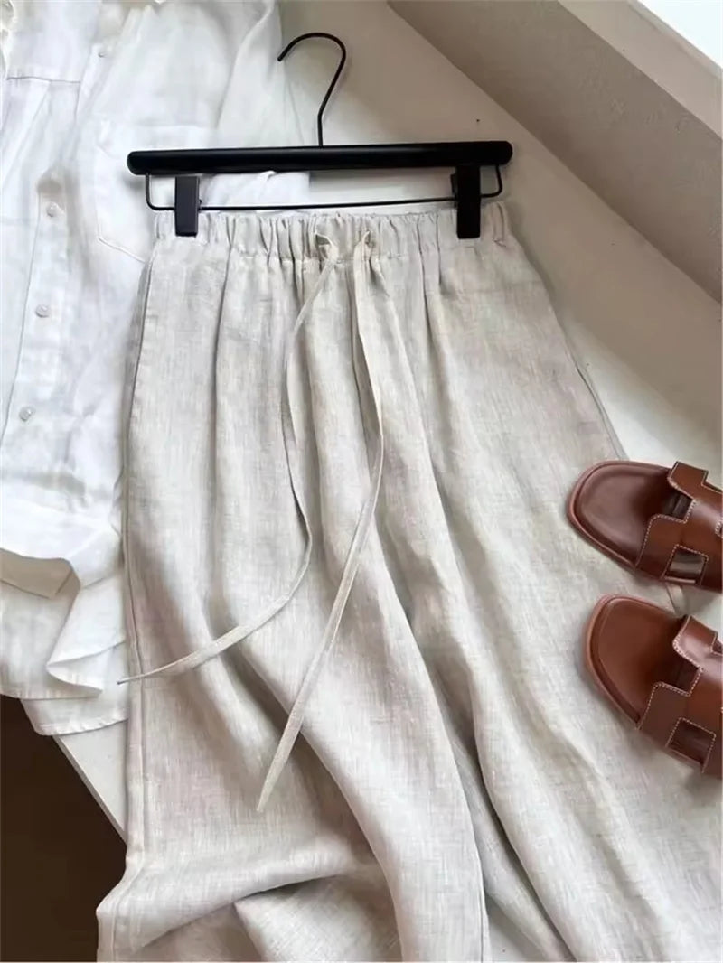 High Waist Cotton Linen Women Wide Leg Pants 2025 Summer Thin Loose Casual Pants Harajuku Solid All Match Straight Trousers