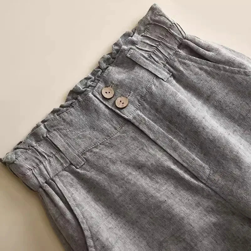 Grey Linen Wide Leg Pants Women's High Waist Drapey Loose Casual Cotton Linen Pants Flower Bud Waist Flax Straight Long Pants