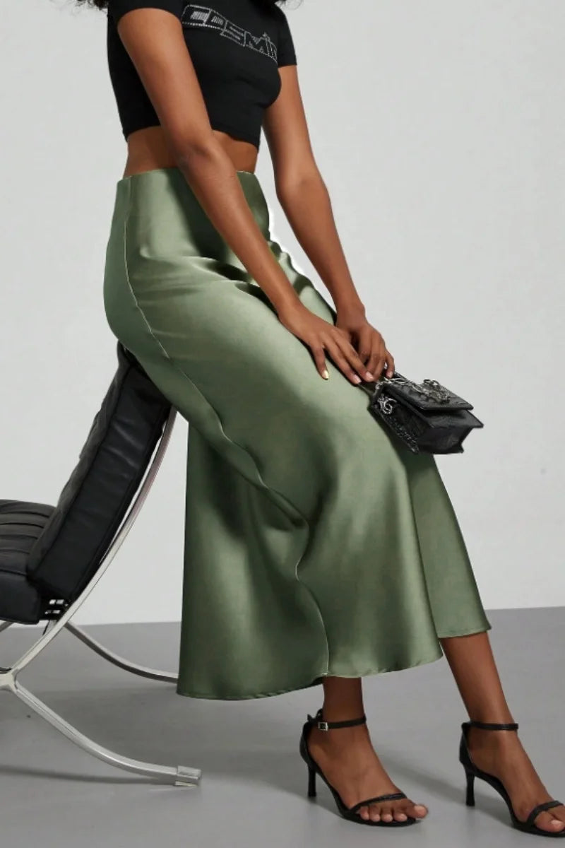 Women's Summer High Waist Silky Satin Draped Midi Mermaid Skirt Solid Flowly Bias Cut Long Slip Skirt Elegant Casual Bottoms