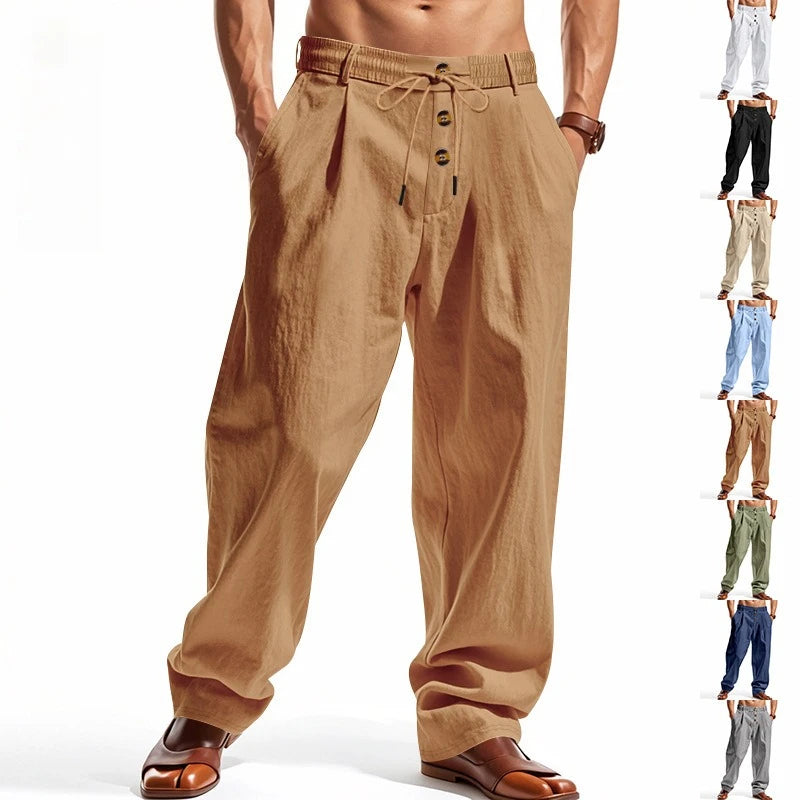 Men's Boho Linen Blend Wide Leg Pants High Waist Drawstring Button Fly Loose Fit Trousers with Side Pockets