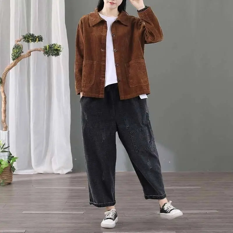 Corduroy Jacket Women's Shirt Spring Autumn New style Retro Long sleeved Loose Korean version High-end Lady Short Windbreaker