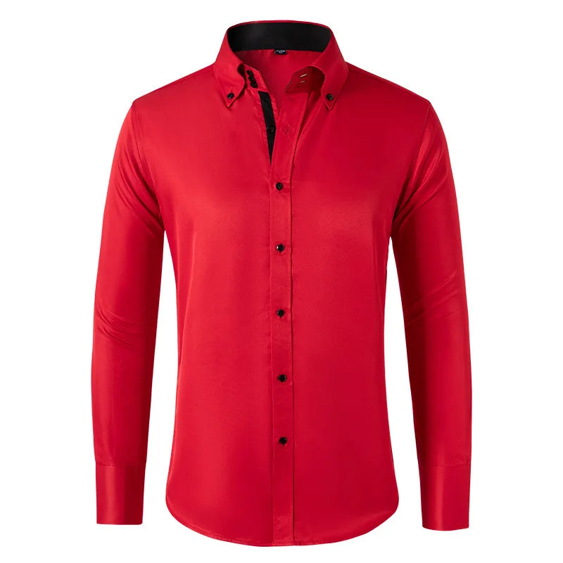 Solid color shirt men's crystal button long sleeved pointed collar light luxury men's business casual men's wear