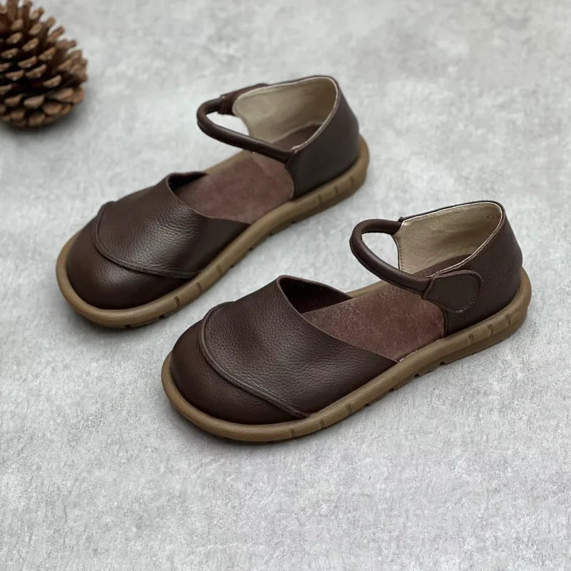 Soft Leather Women's Flat Shoes Retro Handmade Comfortable  2025 Summer Genuine Leather Fashion Black Casual Sandals Ladies