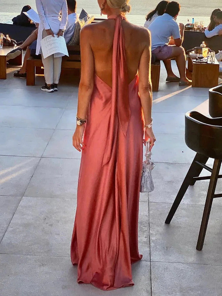 Elegant Women Solid Maxi Beach Dress Sexy Halter Neck Backless Lady Party Dress 2025 Summer Sleeveless Loose Long Dress Vestidos