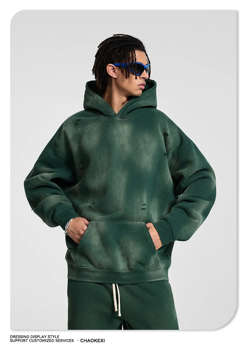 Oversized Hoodies Men Vintage Streetwear Acid Wash Ripped Hoodie Heavyweight Fleece Sweatshirt Pullover Thickened Winter Clothes