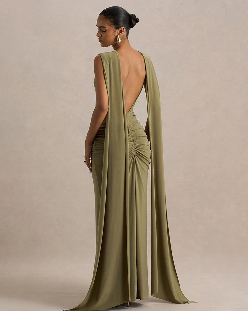 New Backless Evening Gowns Elegant Lady Bodycon Ruched Maxi Dress with Ribbon Fashion Women Sleeveless Prom Dress for Party