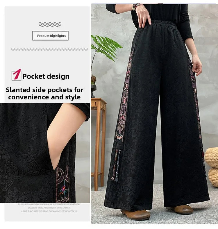 Ele Embroidered Cotton Linen Wide Leg Pants Women's Casual High Waist Trousers Spring Autumn New Sle Comfortable Loose Fit