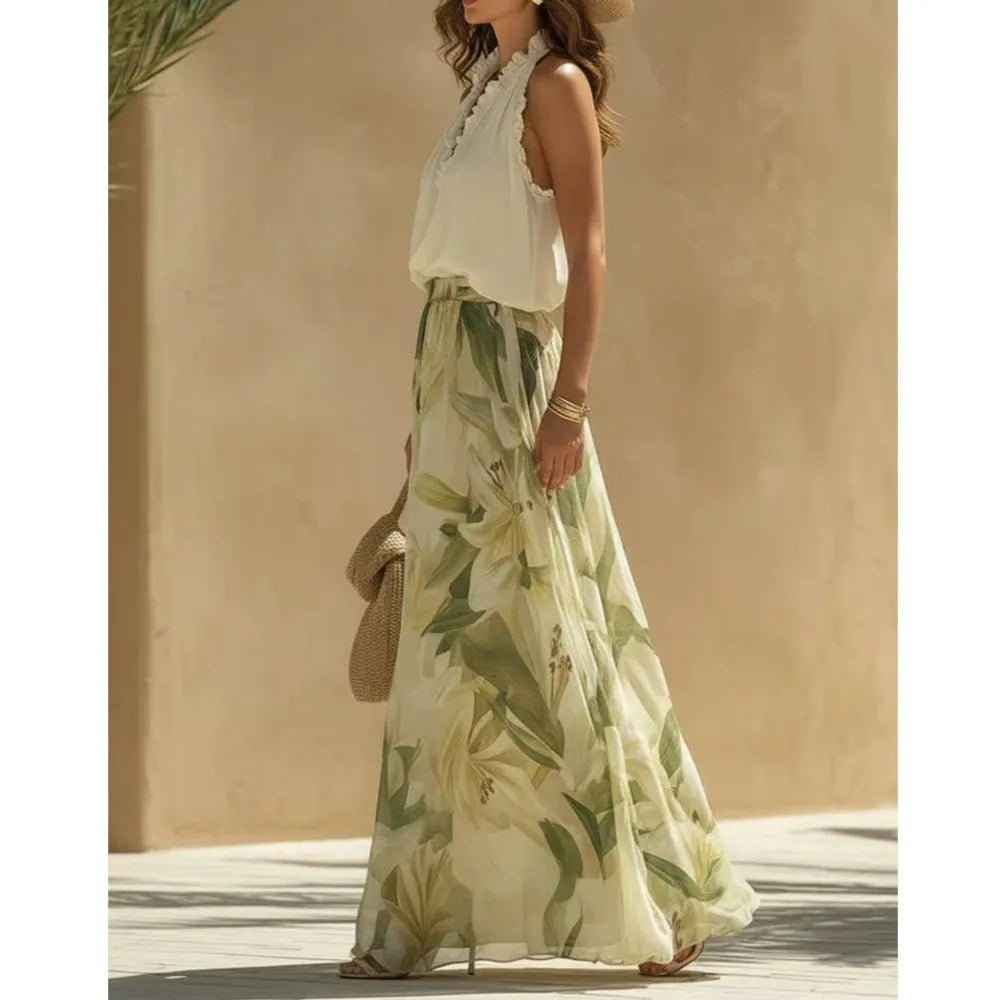 Ruffle Fashion Printed Trousers 2-piece Set Spring Summer New Women's Sexy V-neck Halterneck Waist Trousers Set Костюм Женский