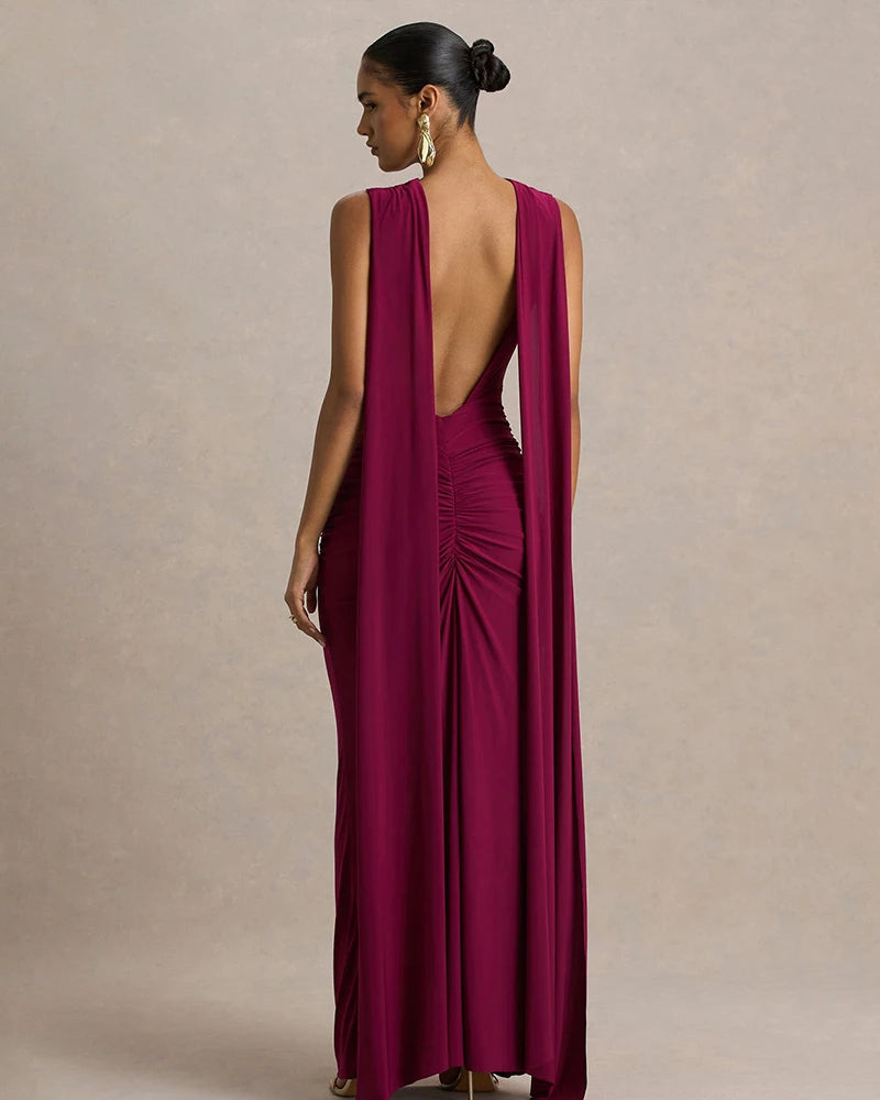 New Backless Evening Gowns Elegant Lady Bodycon Ruched Maxi Dress with Ribbon Fashion Women Sleeveless Prom Dress for Party