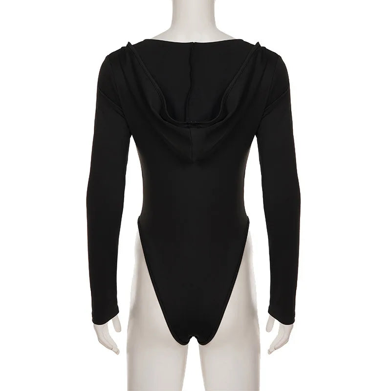Hooded Bodysuit V-neck Body Feminino Long Sleeve Lingerie Sexy Tops Women Y2k Clothes Solid Black One-pieces Bustier Rave Outfit