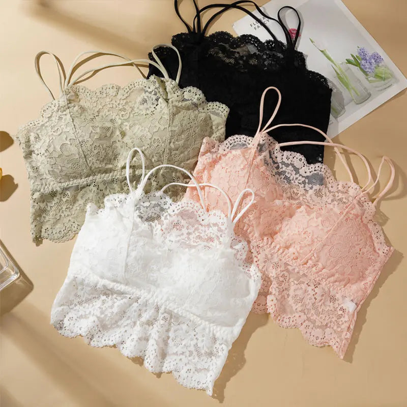 Ladies' Summer Sexy Backless Lace Camisole Underwear Underwire Bra Without Steel Rings Shoulder Straps For Support Breathable