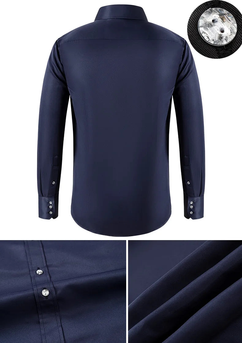 Solid color shirt men's crystal button long sleeved pointed collar light luxury men's business casual men's wear