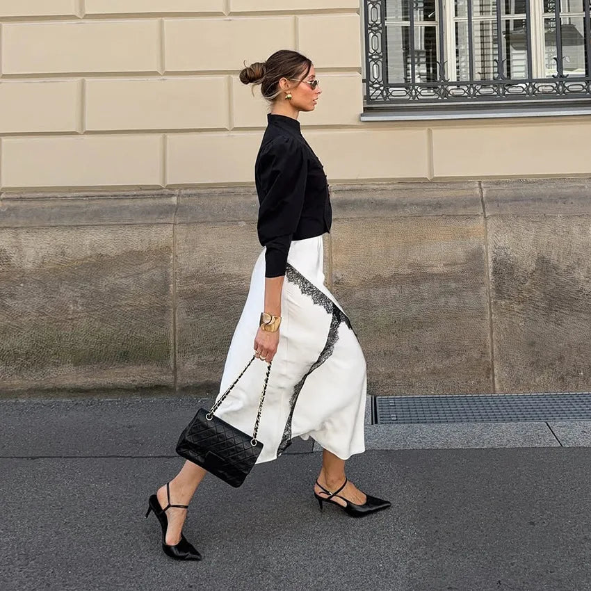 Satin Midi Skirt with Lace Trim Color Block A-Line High Waist Office Elegant French Style Dressy Casual Skirt for Women Fall