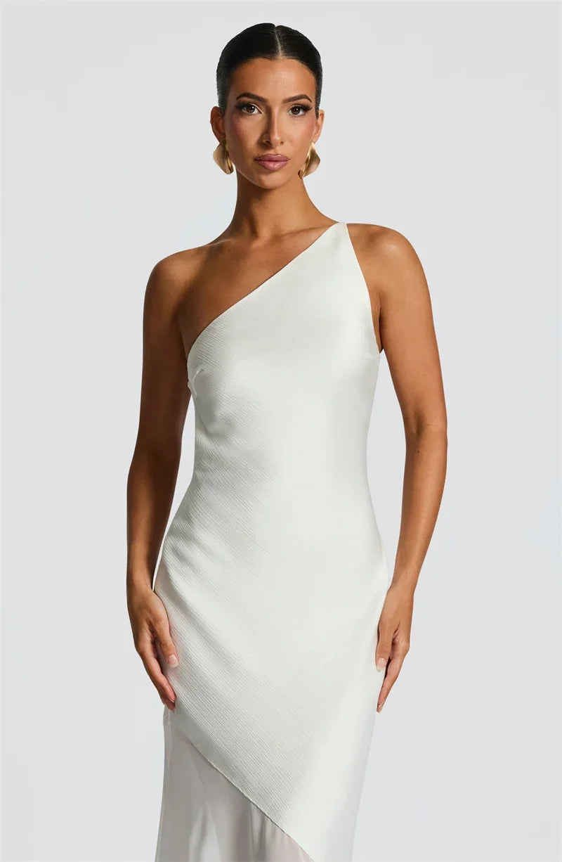 One Shoulder Backless Sexy Maxi Dress Women Gown Fashion Patchwork Sleeveless Bodycon Club Party Long Dress Elegant